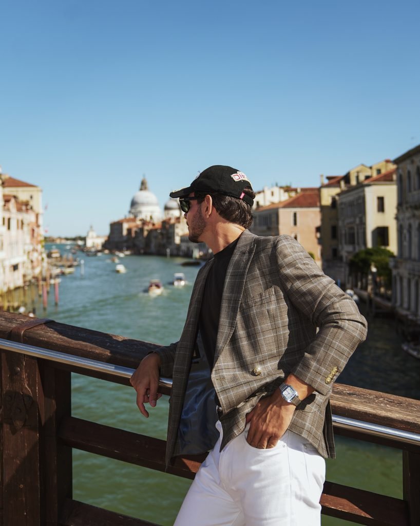 Daniel Marin on a bridge overlooking the Grand Canal and Santa Maria della Salute in Venice