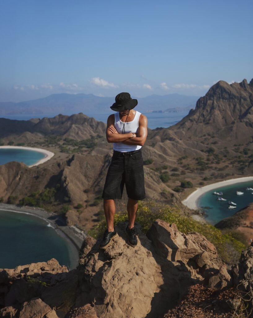 Padar Island viewpoint over three curved bays in Komodo National Park