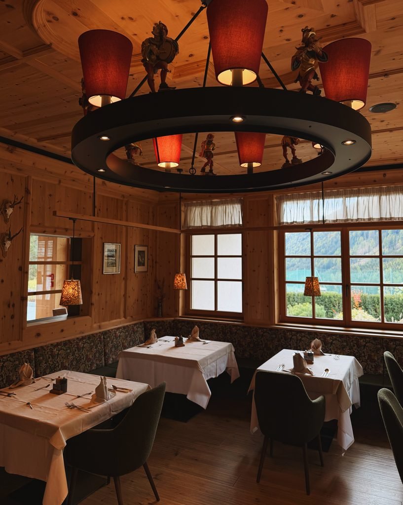 Traditional wooden South Tyrolean Stube dining room at Hotel Masl