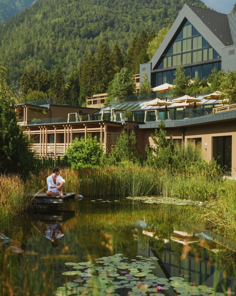 Outdoor lake garden at the Lefay Dolomiti spa