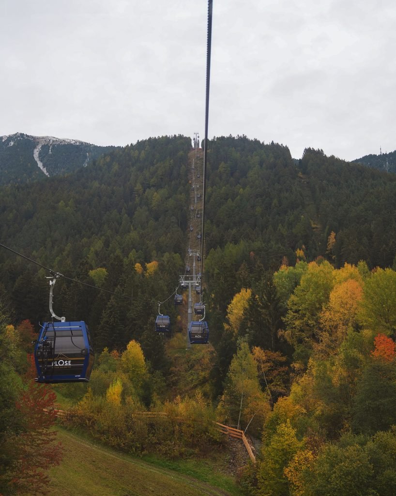 Plose cable car gondola rising over golden autumn larch forest near Brixen in South Tyrol